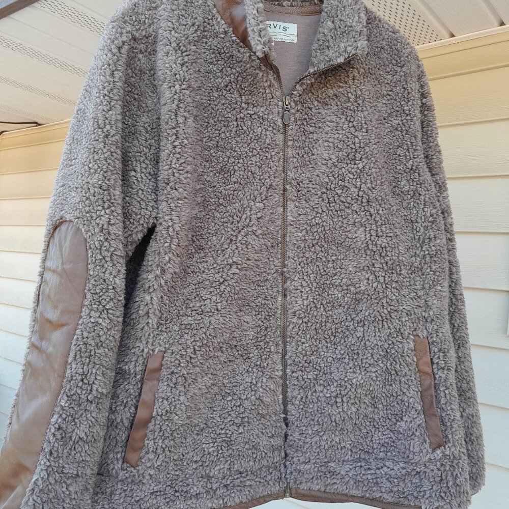 Orvis Women's Brown Teddy Jacket XL Leather Trim Fuzzy Tan Sweater EUC Zip up